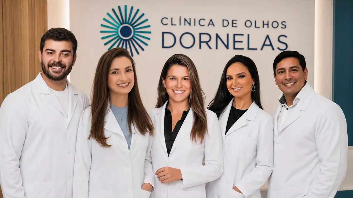 Os cinco oftalmologistas da Clínica de Olhos Dornelas reunidos na recepção, de jaleco branco, sob o letreiro da clínica.