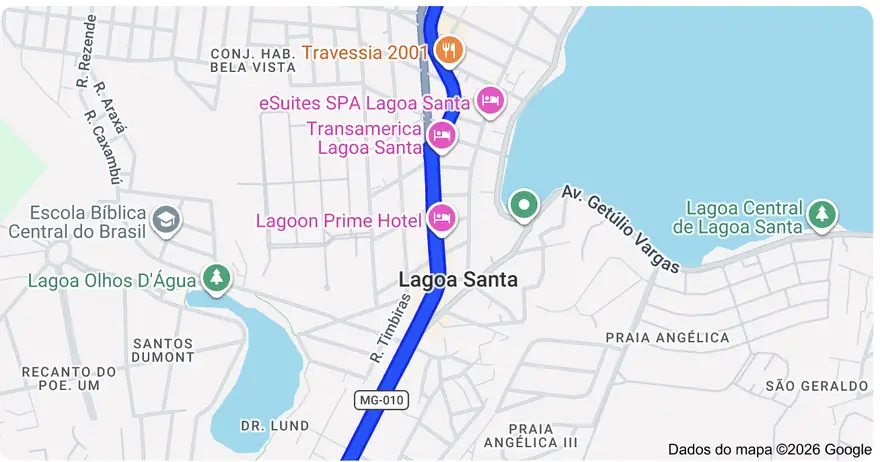 Mapa de Lagoa Santa mostrando a localização da Clínica de Olhos Dornelas na Avenida Acadêmico Nilo Figueiredo, próxima à Lagoa Central e à MG-010.